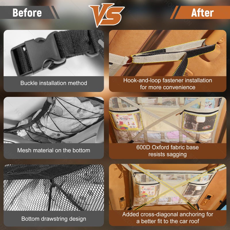 Bespeur Car Ceiling Cargo Net with 2 Pockets,31.5"x21.6" Overhead Storage Mesh Organizer for SUV and Mini Van,Double Car Net for Road Trip Essentials,Camping Gear,Vehicle Roof Storage,Beige - Image 3