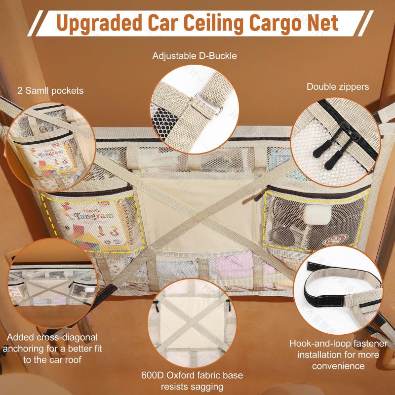 Bespeur Car Ceiling Cargo Net with 2 Pockets,31.5"x21.6" Overhead Storage Mesh Organizer for SUV and Mini Van,Double Car Net for Road Trip Essentials,Camping Gear,Vehicle Roof Storage,Beige - Image 4