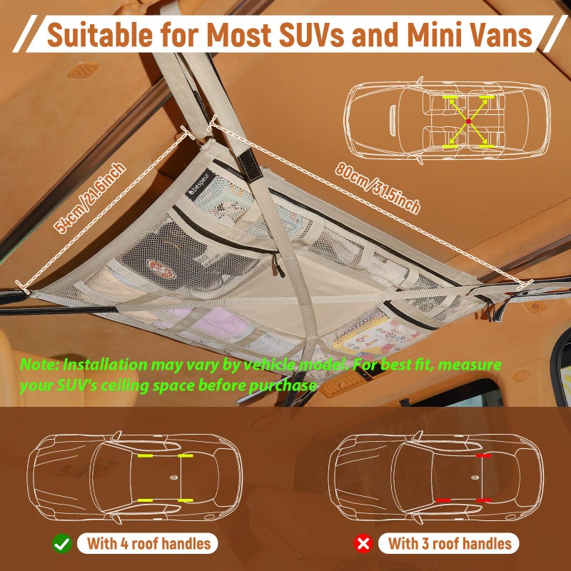 Bespeur Car Ceiling Cargo Net with 2 Pockets,31.5"x21.6" Overhead Storage Mesh Organizer for SUV and Mini Van,Double Car Net for Road Trip Essentials,Camping Gear,Vehicle Roof Storage,Beige - Image 2
