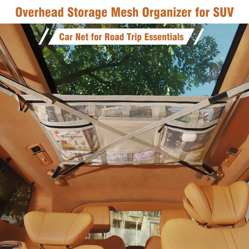 Bespeur Car Ceiling Cargo Net with 2 Pockets,31.5"x21.6" Overhead Storage Mesh Organizer for SUV and Mini Van,Double Car Net for Road Trip Essentials,Camping Gear,Vehicle Roof Storage,Beige - Image 5
