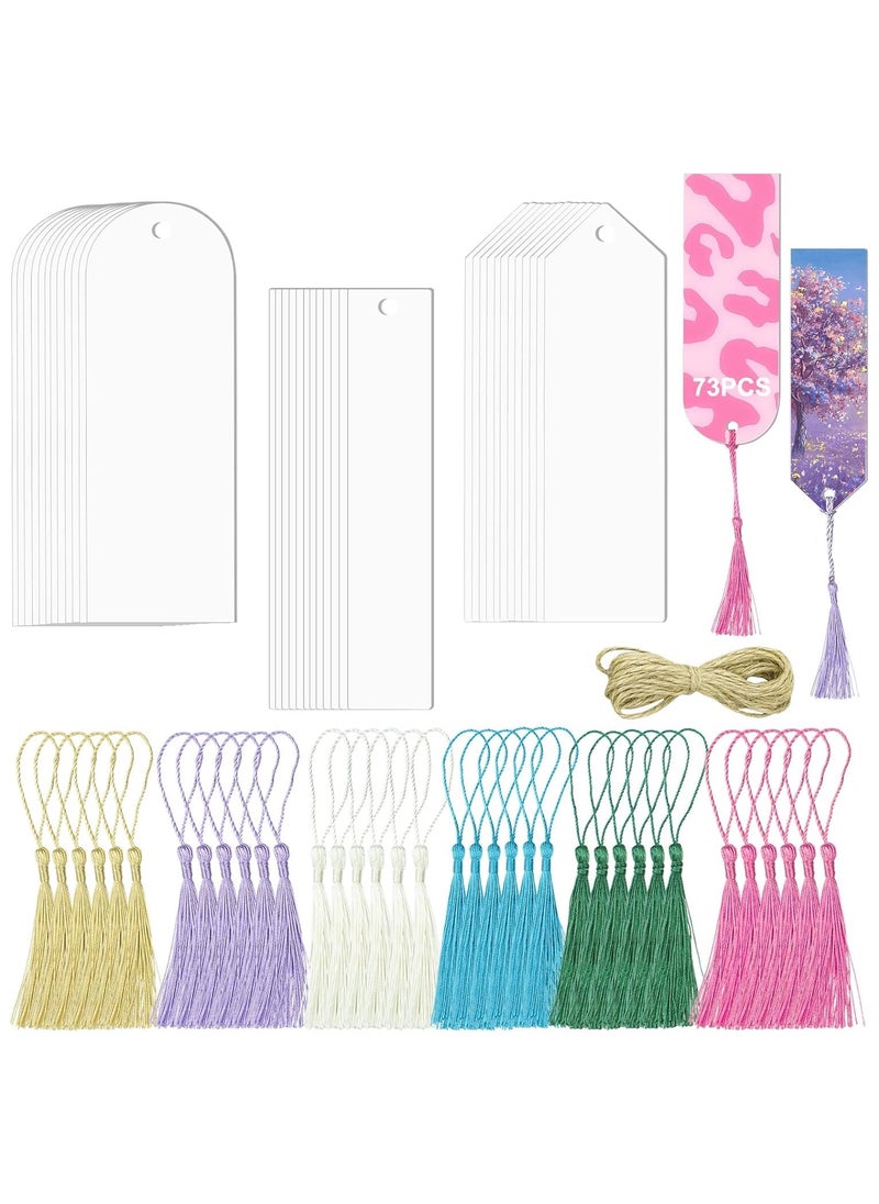 Chabeia 25Pcs Acrylic Bookmarks Blanks – Sublimation Ready, 3 Shapes with Colorful Tassels, DIY Craft Projects for Women, Teachers, Kids, and Book Lovers (73 Pcs Total)  - Image 1