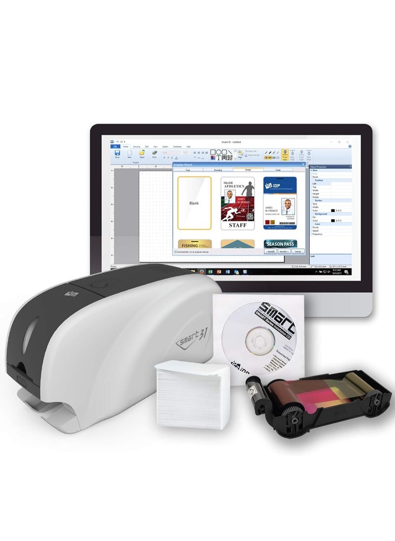 Smart - IDP SMART-31S ID Card Simplex Printer Kit with PC Only Software, 250 Print YMCKO Color Ribbon, and 100 PVC Plastic Cards - Image 1
