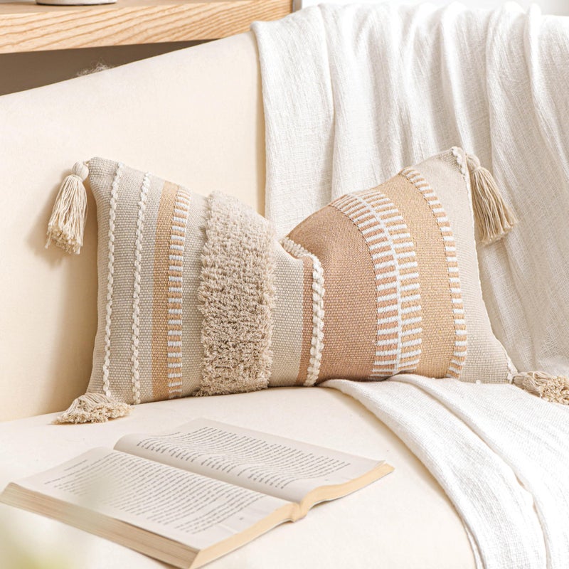 BlissBlush 12x20 Lumbar Pillow Cover, Neutral Cream Boho Accent Pillowcase with Tufted Texture and Tassels, Rectangular Decorative Cushion for Sofa Couch Living Room (Cover Only) - Image 1