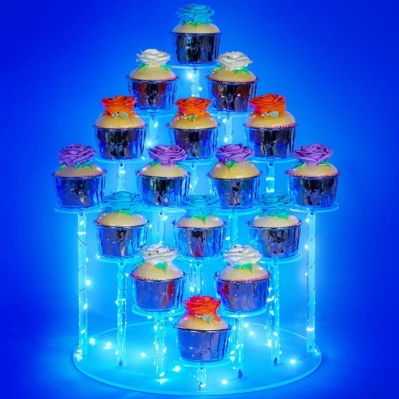 YestBuy Cupcake Stand with Lights Blue Cupcake Tower Stand for 16 Cupcakes Acrylic Cupcake Display Stands for Parties and Dessert Table Clear Cupcake Holder for Small Collections