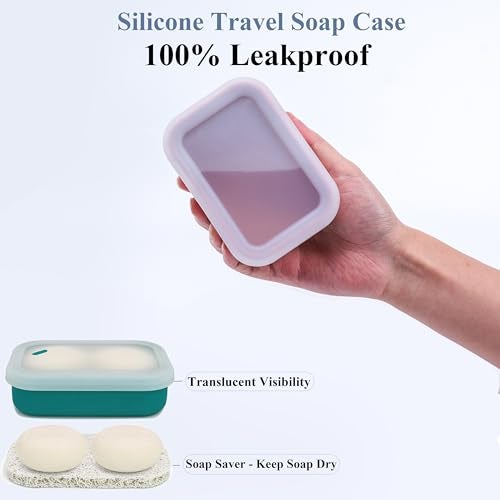 MtBoi 2PC Portable Leakproof Travel Soap Case, Silicone Travel Soap Case, Compact Soap Holder with Drainage Layer, Travel Soap Holder for Camping, Gym, Outdoor Turquoise&Flamingo - Image 2