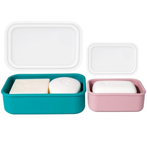 MtBoi 2PC Portable Leakproof Travel Soap Case, Silicone Travel Soap Case, Compact Soap Holder with Drainage Layer, Travel Soap Holder for Camping, Gym, Outdoor Turquoise&Flamingo - Image 1