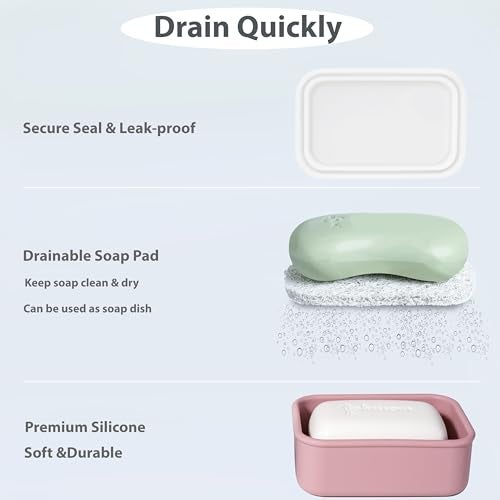 MtBoi 2PC Portable Leakproof Travel Soap Case, Silicone Travel Soap Case, Compact Soap Holder with Drainage Layer, Travel Soap Holder for Camping, Gym, Outdoor Turquoise&Flamingo - Image 5