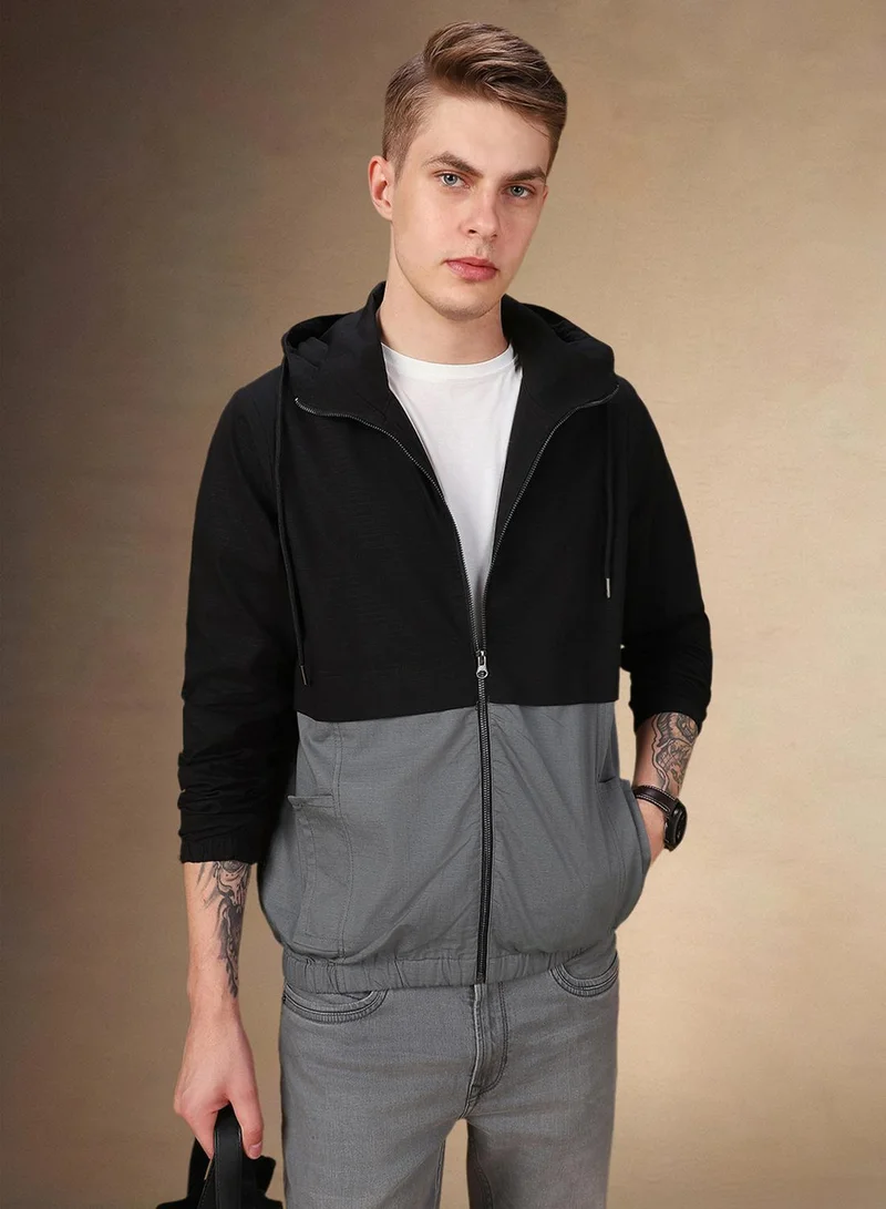 Men's Black 100% Polyester Colour Blocked Regular Fit Jacket