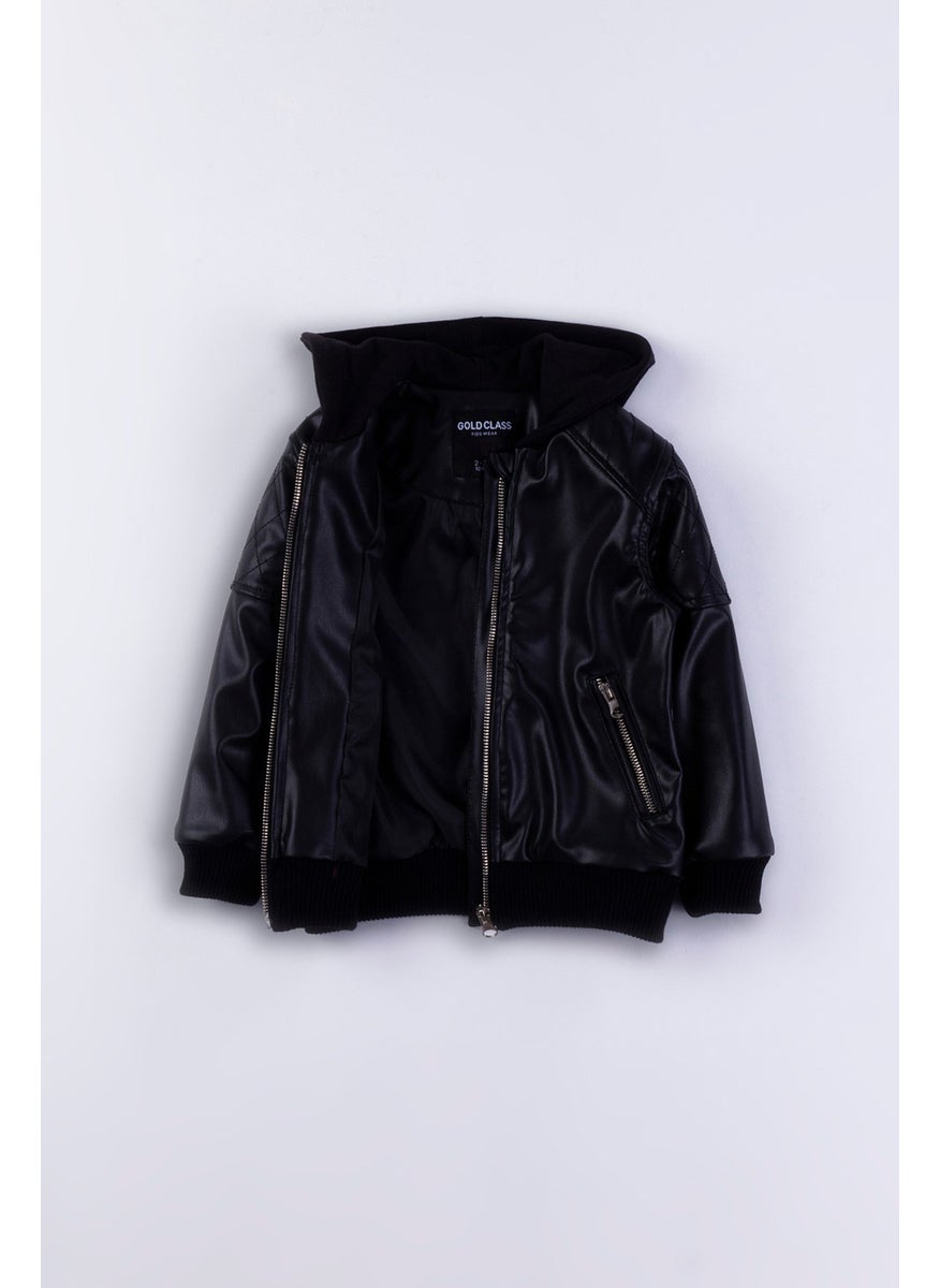 Gold Class Kidswear Hooded Pocket Zippered Boys Leather Jacket  - Image 1