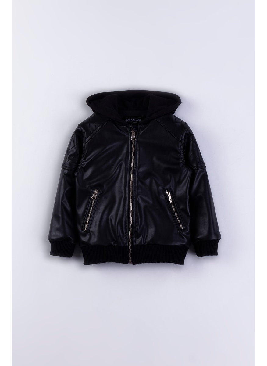 Gold Class Kidswear Hooded Pocket Zippered Boys Leather Jacket  - Image 2