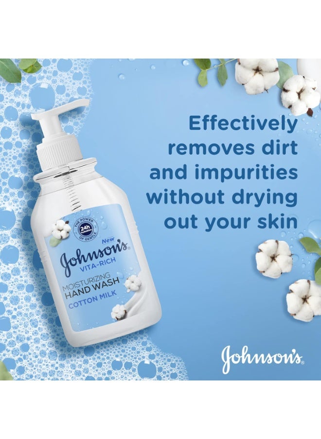 Johnson's Vita-Rich, Moisturizing Hand Wash, Cotton Milk, 24 Hours of Gentle Hydration, Ph Balanced Formula , 88% Natural Ingredients, 300ml - Image 2