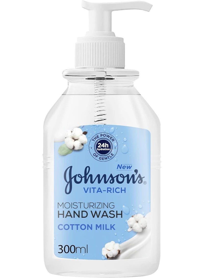 Johnson's Vita-Rich, Moisturizing Hand Wash, Cotton Milk, 24 Hours of Gentle Hydration, Ph Balanced Formula , 88% Natural Ingredients, 300ml - Image 1