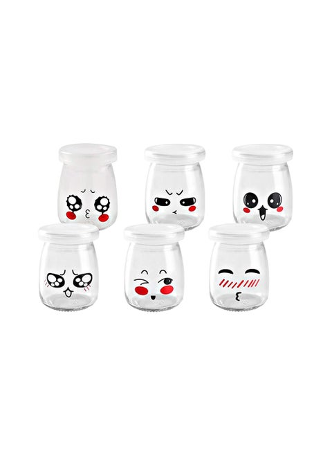 Glass Bottles 6pcs 100ml Glass Jars for Pudding Milk Yogurt Making Mini Dessert Cup with Plastic Lids Pudding Glass Bottle with Cute Emotion Design