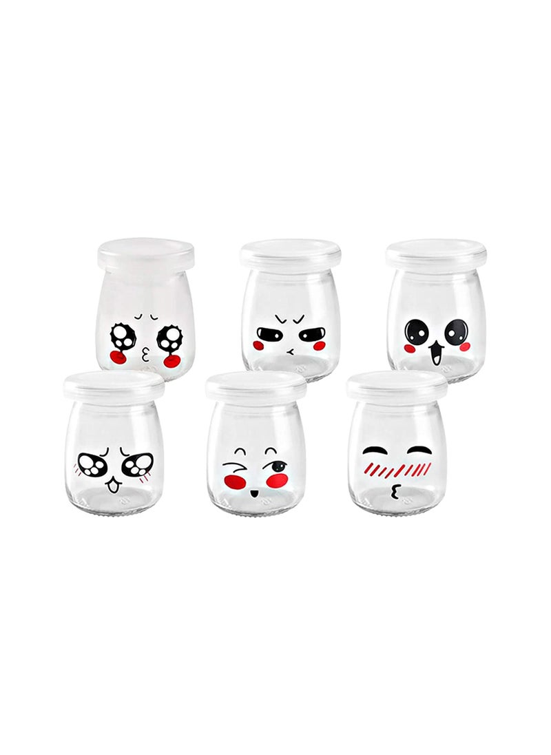 Glass Bottles 6pcs 100ml Glass Jars for Pudding Milk Yogurt Making Mini Dessert Cup with Plastic Lids Pudding Glass Bottle with Cute Emotion Design