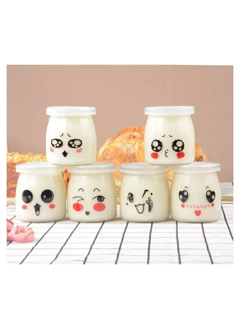 Glass Bottles 6pcs 100ml Glass Jars for Pudding Milk Yogurt Making Mini Dessert Cup with Plastic Lids Pudding Glass Bottle with Cute Emotion Design