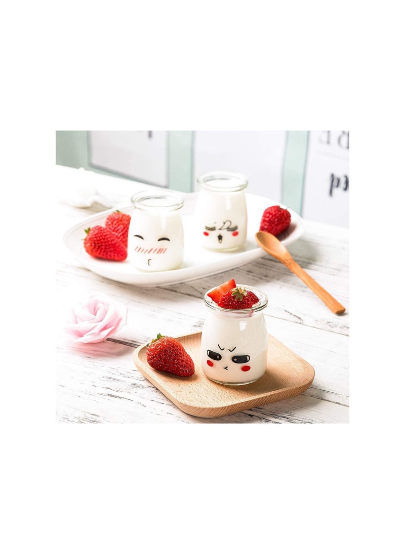 Glass Bottles 6pcs 100ml Glass Jars for Pudding Milk Yogurt Making Mini Dessert Cup with Plastic Lids Pudding Glass Bottle with Cute Emotion Design