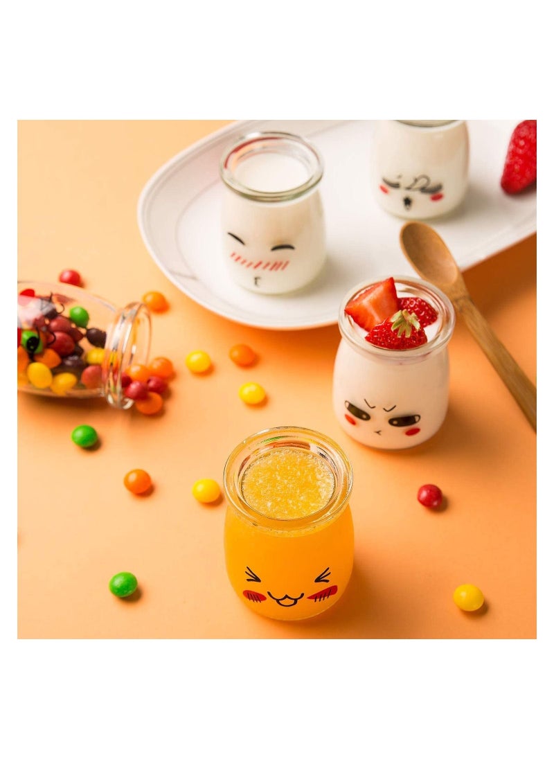 Glass Bottles 6pcs 100ml Glass Jars for Pudding Milk Yogurt Making Mini Dessert Cup with Plastic Lids Pudding Glass Bottle with Cute Emotion Design