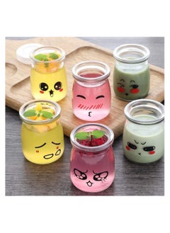 Generic Glass Bottles 6pcs 100ml Glass Jars for Pudding Milk Yogurt Making Mini Dessert Cup with Plastic Lids Pudding Glass Bottle with Cute Emotion Design  - Image 4