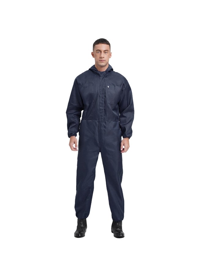 Mens Dustproof Hooded Coverall Long Sleeve Front Half Zipper Big Pockets Overalls Jumpsuit 