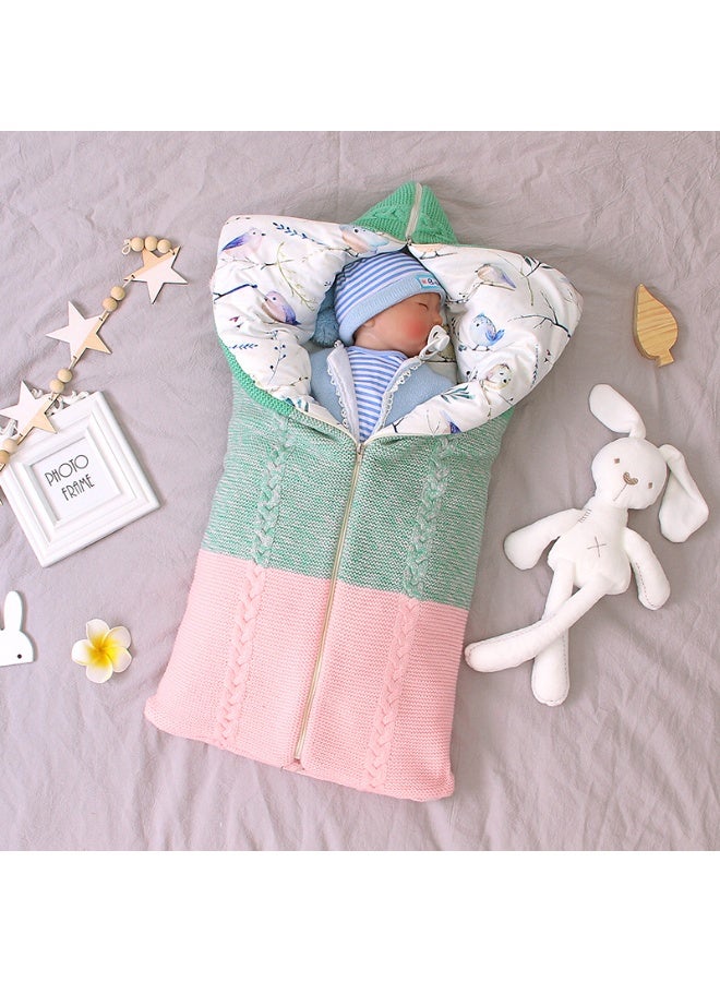 Newborn baby shockproof thick zipper anti kick sleeping bag - pink green - Image 1