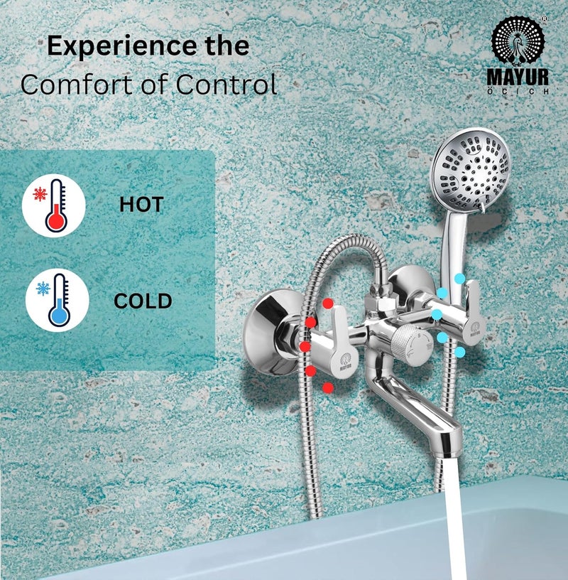 MAYUR ÖCICH Brass Wall Mixer Tap for Bathroom with 5-Function Hand Shower, 1.5M SS Hose & Hook (FUSION) | Chrome Finish Hot & Cold Water Mixer, Wall Mounted, 10-Year Warranty - Image 5