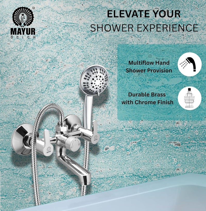 MAYUR ÖCICH Brass Wall Mixer Tap for Bathroom with 5-Function Hand Shower, 1.5M SS Hose & Hook (FUSION) | Chrome Finish Hot & Cold Water Mixer, Wall Mounted, 10-Year Warranty - Image 3