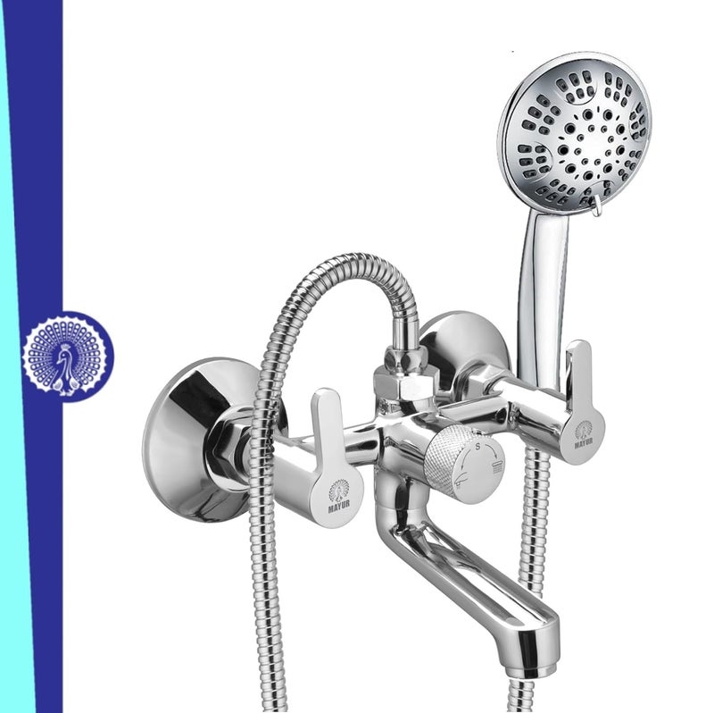 MAYUR ÖCICH Brass Wall Mixer Tap for Bathroom with 5-Function Hand Shower, 1.5M SS Hose & Hook (FUSION) | Chrome Finish Hot & Cold Water Mixer, Wall Mounted, 10-Year Warranty - Image 1