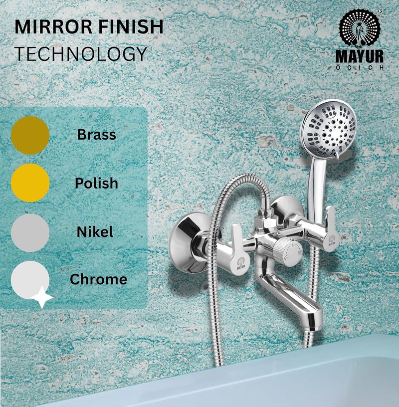 MAYUR ÖCICH Brass Wall Mixer Tap for Bathroom with 5-Function Hand Shower, 1.5M SS Hose & Hook (FUSION) | Chrome Finish Hot & Cold Water Mixer, Wall Mounted, 10-Year Warranty - Image 4