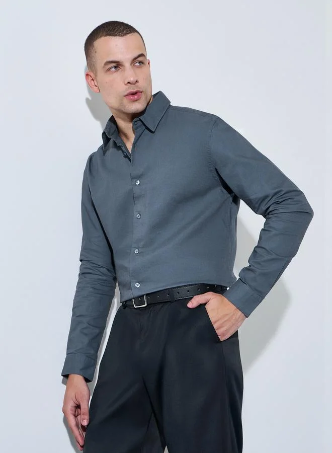 ستايلي Men Grey Solid Regular Fit Oxford Shirt