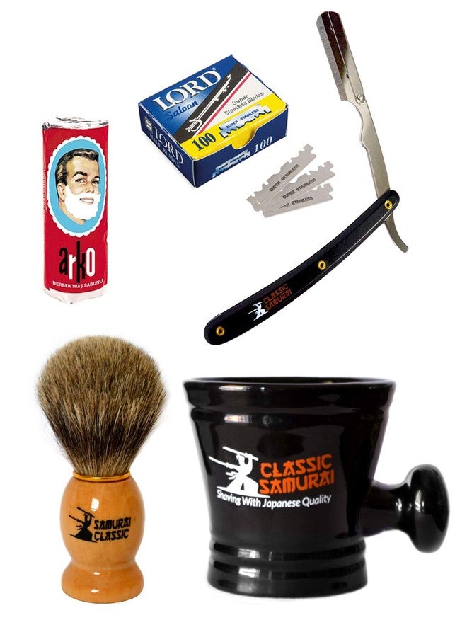 Classic Samurai Men's Shaving Set with Stainless Steel Professional Barber Straight Razor Shavette with 100 Single Razor Blades, Pure Badger Shaving Brush, Arko Stick Soap and Porcelain Mug - Image 1