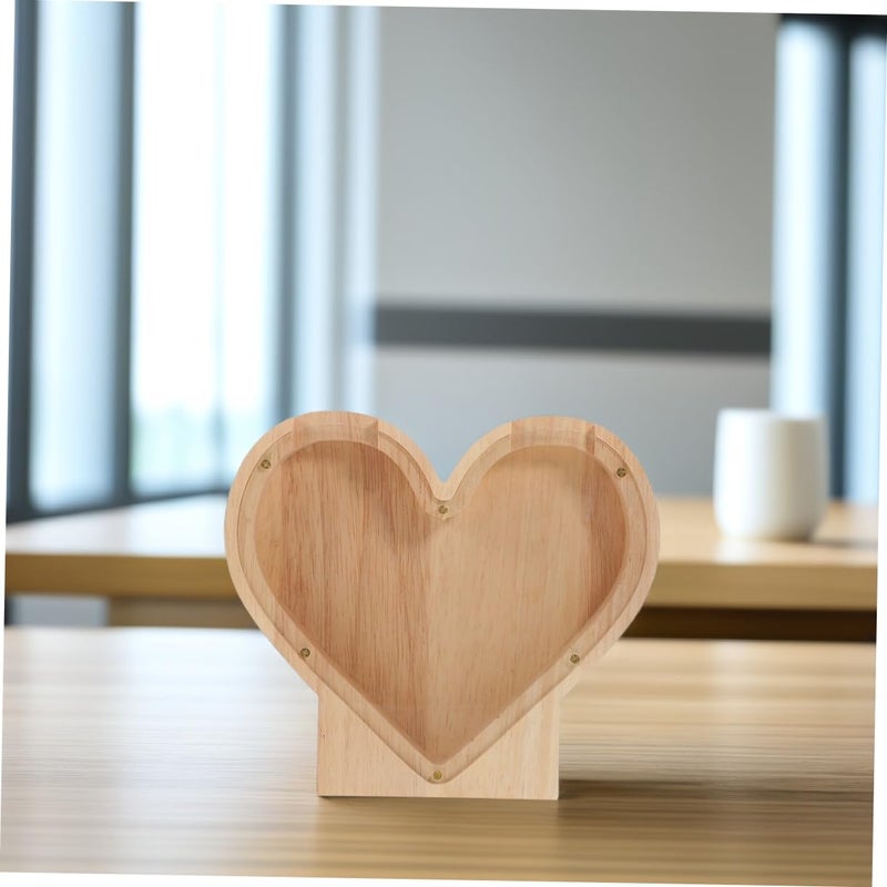 Heart Shaped Wooden Piggy Bank Clear Coin Money Box For Kids Adults Birthday Gift - Image 5