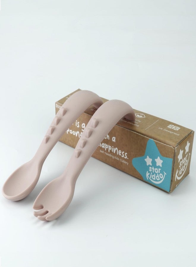 StarKiddo® Soft Silicone Spoon and Fork Set | Silicone Baby Cutlery| Baby Feeding Spoon and Fork| Training Feeding for Kids and Toddlers| BPA Free| Food Grade| Dishwasher Safe (Baby Pink) - Image 1