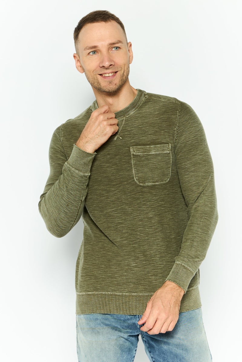 TRUE GRIT Men Crew Neck Textured Sweatshirts, Olive  - Image 1