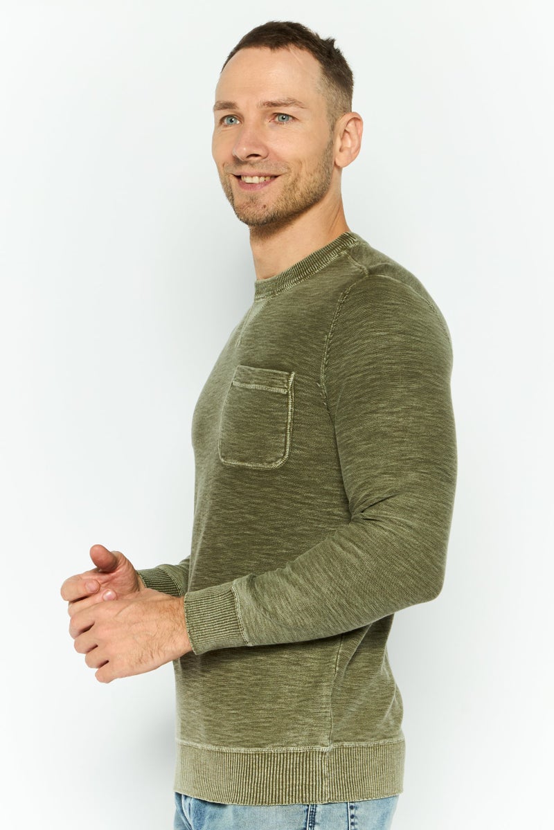 TRUE GRIT Men Crew Neck Textured Sweatshirts, Olive  - Image 3