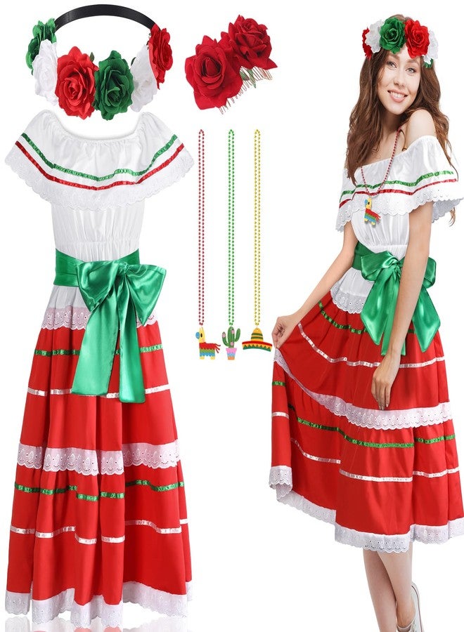 Halfchet 6 Pcs Mexicanos Traditional Dress Women Folklorico Vestidos Outfit Mexican Skirt Carnival Halloween Costume, White and Red, L - Image 1