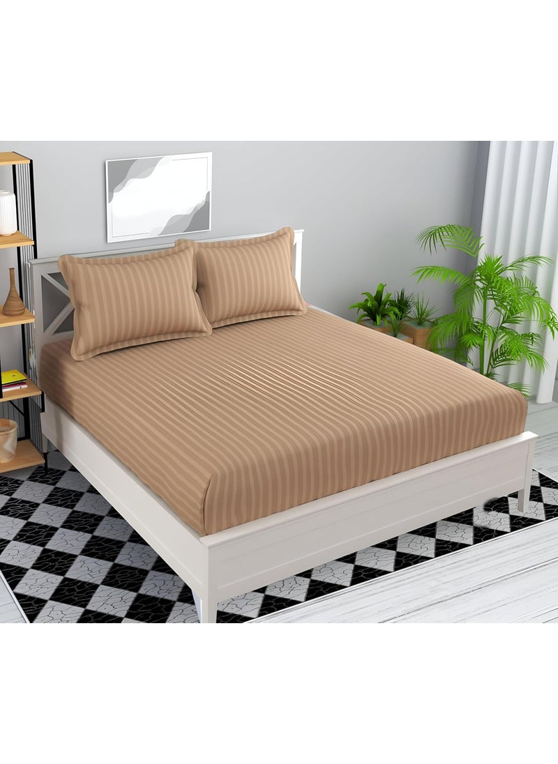 STARNSTYLE STARNSTYLE Microfiber Premium Elastic Fitted Striped Bedsheet with 2 Pillow Covers 78 x 72 King Size Beige 