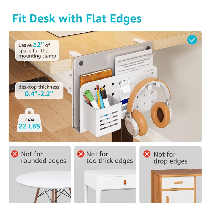 PEGZONE Desk Side Storage Organizer, No Drill Under Desk Laptop Holder, Clamp on Desks Shelf with Pegboard Accessories, Hanging Laptop Mount, Fits Flat Edge 0.4" to 2.2", White - Image 3