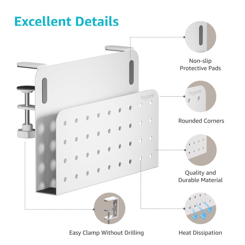 PEGZONE Desk Side Storage Organizer, No Drill Under Desk Laptop Holder, Clamp on Desks Shelf with Pegboard Accessories, Hanging Laptop Mount, Fits Flat Edge 0.4" to 2.2", White - Image 4