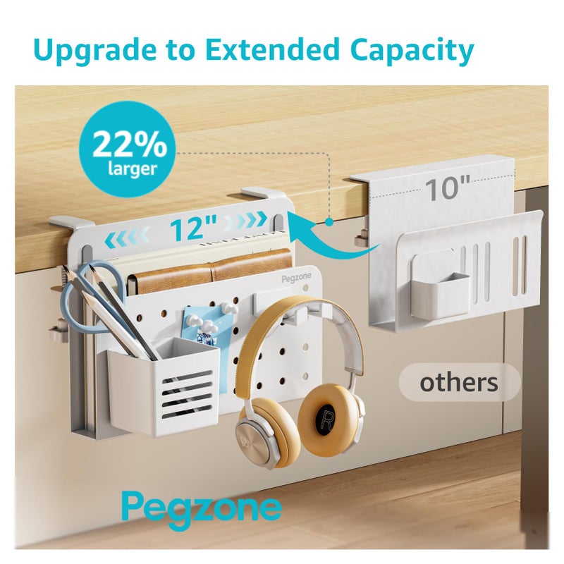 PEGZONE Desk Side Storage Organizer, No Drill Under Desk Laptop Holder, Clamp on Desks Shelf with Pegboard Accessories, Hanging Laptop Mount, Fits Flat Edge 0.4" to 2.2", White - Image 2