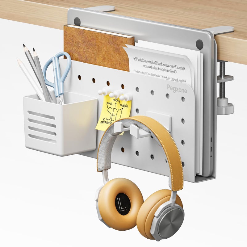 PEGZONE Desk Side Storage Organizer, No Drill Under Desk Laptop Holder, Clamp on Desks Shelf with Pegboard Accessories, Hanging Laptop Mount, Fits Flat Edge 0.4" to 2.2", White - Image 1