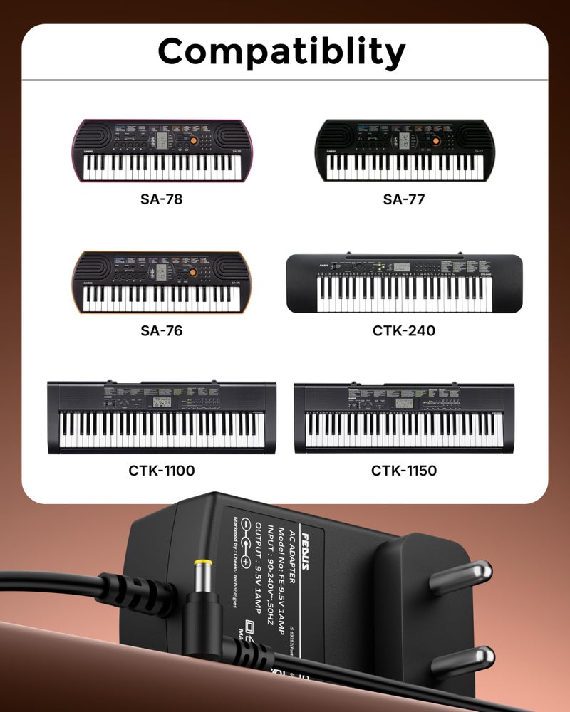 FEDUS ClearTone 9.5V 1A Power Adapter for Casio Piano Electronics Keyboards, Replacement for AD-E95100L, Fits SA-46, SA-47, SA-76, SA-77, CTK-240, CTK-1100, CTK-1150, CTK-1200, 2 meter Extra Long Cord - Image 3
