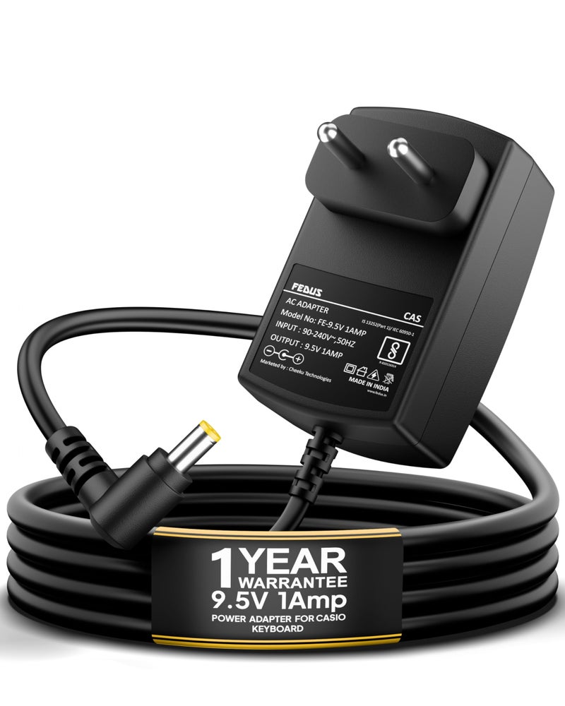 FEDUS ClearTone 9.5V 1A Power Adapter for Casio Piano Electronics Keyboards, Replacement for AD-E95100L, Fits SA-46, SA-47, SA-76, SA-77, CTK-240, CTK-1100, CTK-1150, CTK-1200, 2 meter Extra Long Cord - Image 1