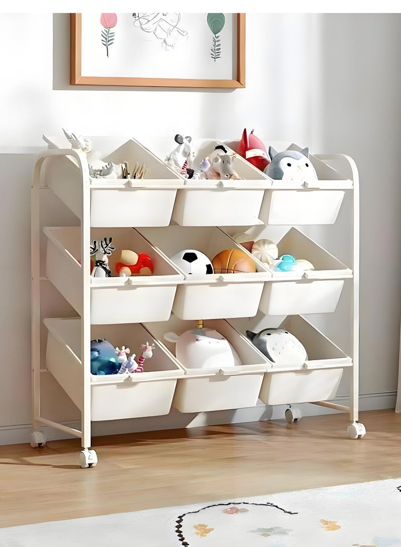 والالا منظم تخزين ألعاب الأطفال مع 9 صناديق تخزين، رف متعدد الأغراض بثلاث طبقات للبنات والأولاد، خزانة تخزين ألعاب بعجلات لغرفة الأطفال، غرفة اللعب، غرفة الحضانة - Image 1