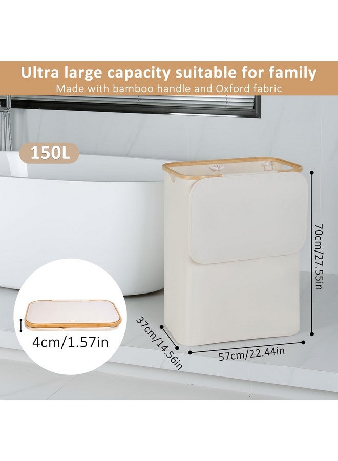 iEGrow iEGrow 150L Laundry Basket with Lid, Large Laundry Hamper with Bamboo Handle, Collapsible Dirty Clothes Hamper Organizer with Removable Inner Bag for Clothes Toys Towels -Beige - Image 2