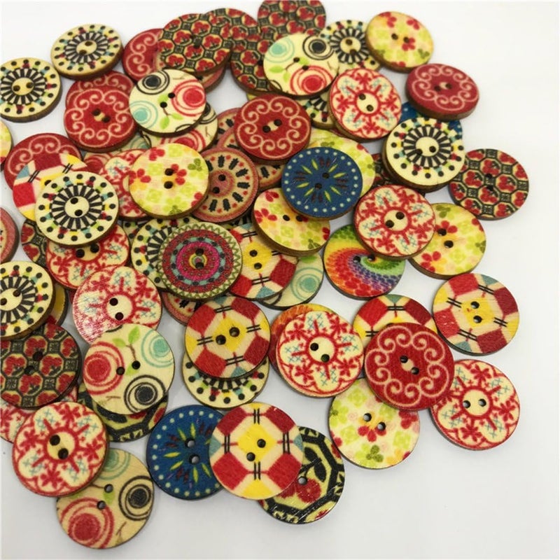 klarako 100pcs Retro Wooden Buttons 2 Holes Round Sewing Buttons for Craft Embellishments (Assorted Paterns) - Image 5