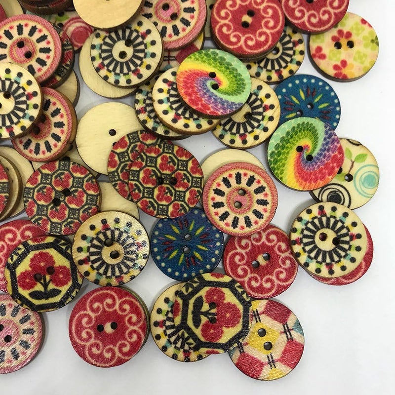 klarako 100pcs Retro Wooden Buttons 2 Holes Round Sewing Buttons for Craft Embellishments (Assorted Paterns) - Image 3