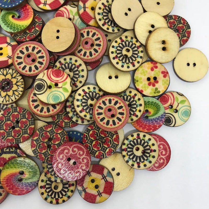 klarako 100pcs Retro Wooden Buttons 2 Holes Round Sewing Buttons for Craft Embellishments (Assorted Paterns) - Image 4