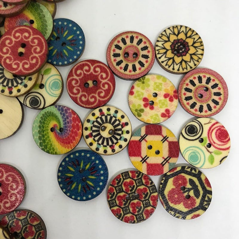 klarako 100pcs Retro Wooden Buttons 2 Holes Round Sewing Buttons for Craft Embellishments (Assorted Paterns) - Image 2