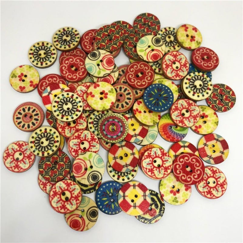 klarako 100pcs Retro Wooden Buttons 2 Holes Round Sewing Buttons for Craft Embellishments (Assorted Paterns) - Image 1