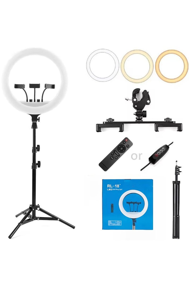 بلو فاير ضوء حلقة LED مقاس 18 بوصة من RL-18 مع حامل ثلاثي القوائم وحامل هاتف – إضاءة ناعمة قابلة للتعديل، 3 أوضاع لونية (2700K-6500K)، 10 مستويات سطوع، جهاز تحكم عن بعد – مثالي لليوتيوب، التيك توك، الماكياج، التصوير الفوتوغرافي، البث المباشر وتسجيل الفيديوهات - Image 1